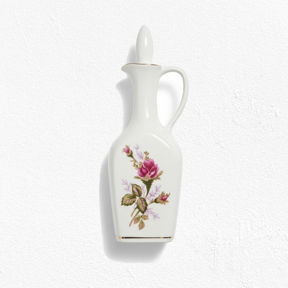1950s Vintage Porcelain Decanter Floral Gold Trim Cork Stopper Mid-Century Cruet - Picture 1 of 16